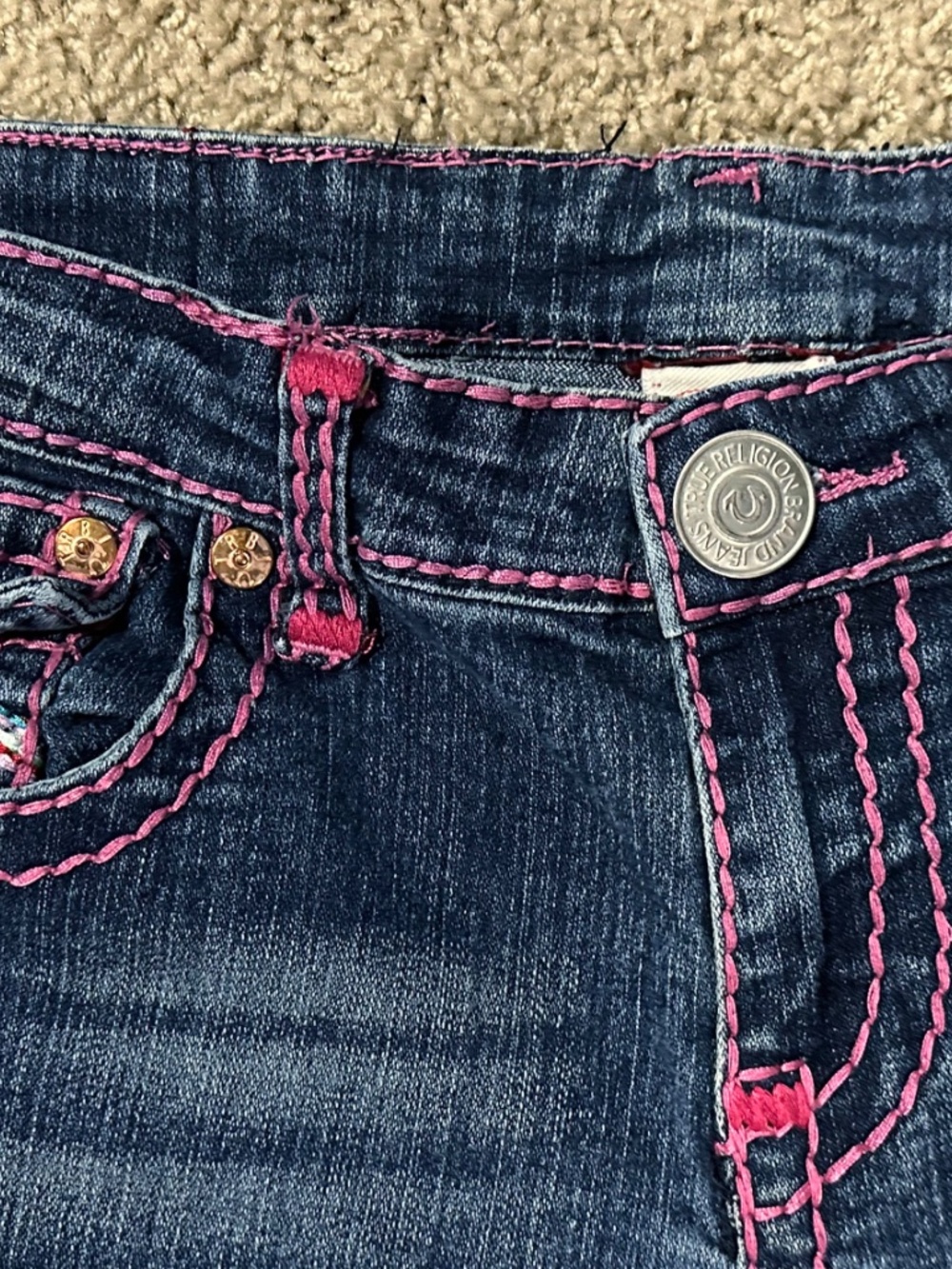 HTF True Religion JOEY Pink Stitch & Rainbow Embroidered Jeans Size 31 - Picture 6 of 7